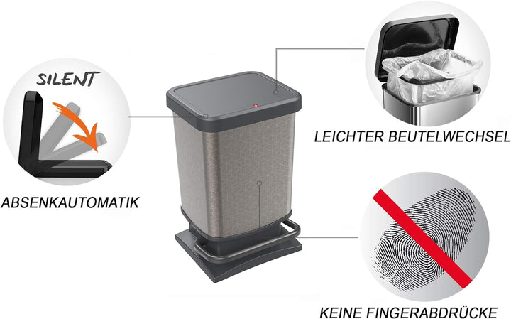 Rotho Paso Mülleimer 20l mit Pedal und Deckel, Kunststoff (PP) BPA-frei, silber hexagon, 20l (29,3 x