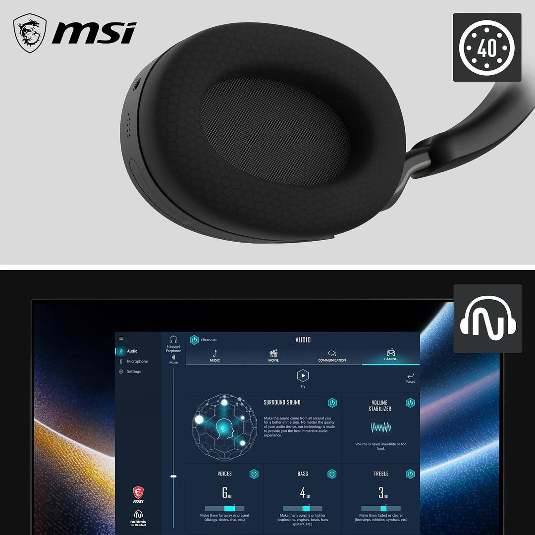 MSI Maestro 500 Wireless Black Headset, aktive Geräuschunterdrückung, Transparenzmodus, 2,4 GHz, Blu