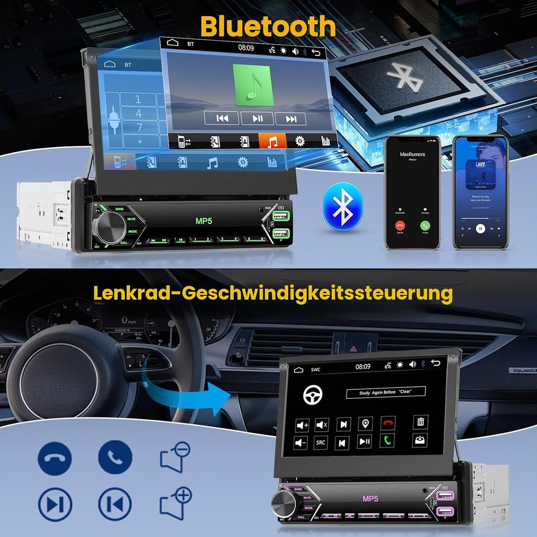 Hikity 1 Din Autoradio mit 7” IPS Manuell Einziehbarer Touchscreen Wired Mirror Link FM Radio mit 2U