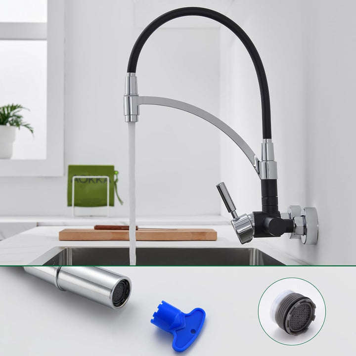 Flexibler Wasserhahn Küche Wandmontage, Edelstahl Wandarmatur 180° Drehbar mit Flexiblem Silikon-Aus