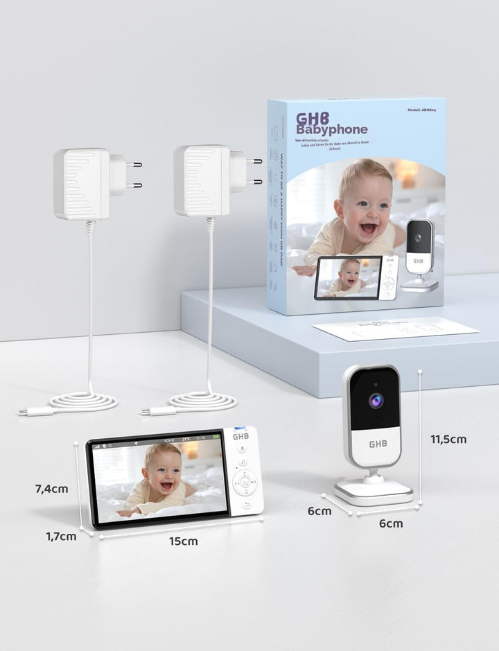GHB Babyphone mit Kamera 5 Zoll IPS-Display 720P 5000 mAh VOX-Energiesparmodus 4X Zoom Nachtsicht Zw