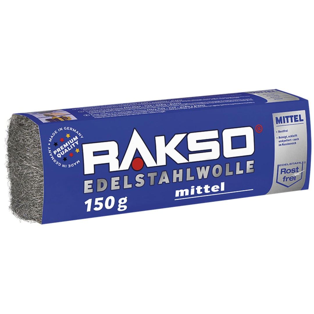 RAKSO Edelstahlwolle mittel - 150g, 1 Banderole, rostfrei, entfernt hartnäckige Ablagerungen von Fli
