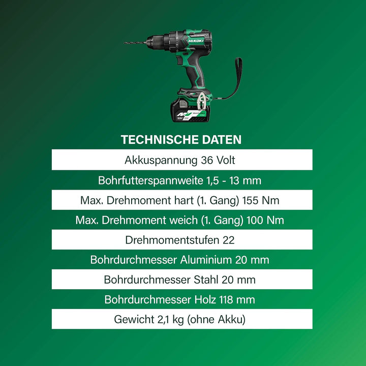 HIKOKI Akku Bohrschrauber DS36DCWRZ, Bohrfutterspannweite: 1,5-13 mm, (36V 2,5 Ah Akkus, Max. Festdr