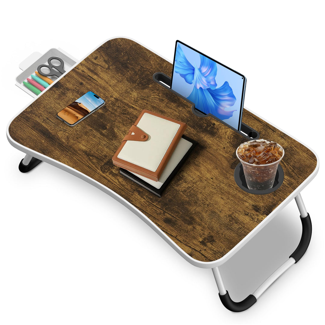Soontrans Laptoptisch 60x40x28 cm, Laptop Tisch mit Schublade, Getränkehalter, Tablethalter, Klappba