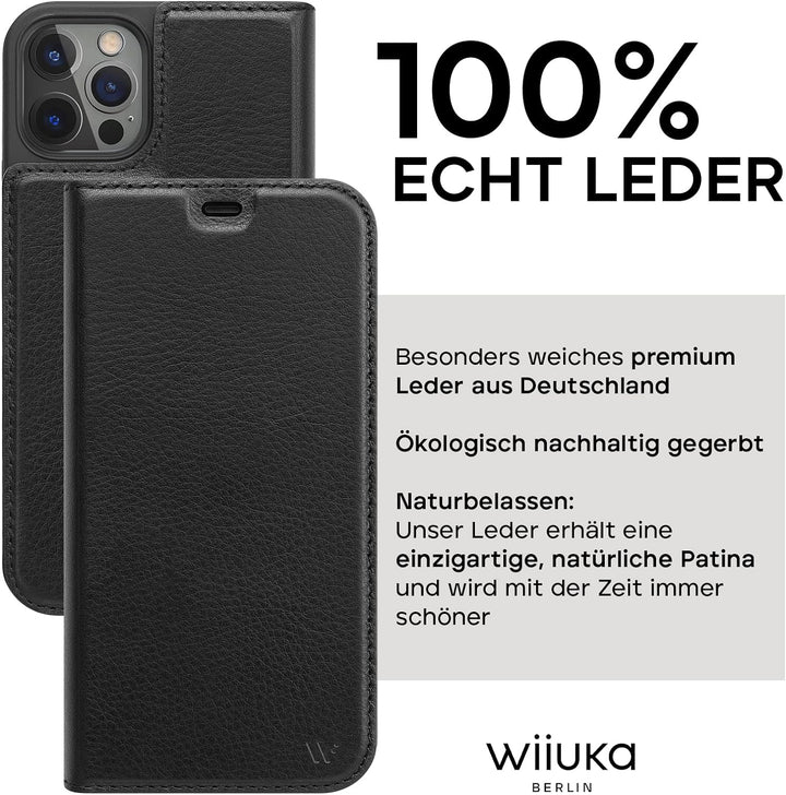 WIIUKA Hülle für iPhone 12 Pro Max Lederhülle, Deutsches Premium Leder, mit Kartenfach, extra Dünn,