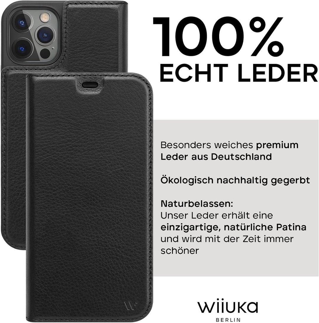 WIIUKA Hülle für iPhone 12/12 Pro Lederhülle, Deutsches Premium Leder, mit Kartenfach, extra Dünn, H