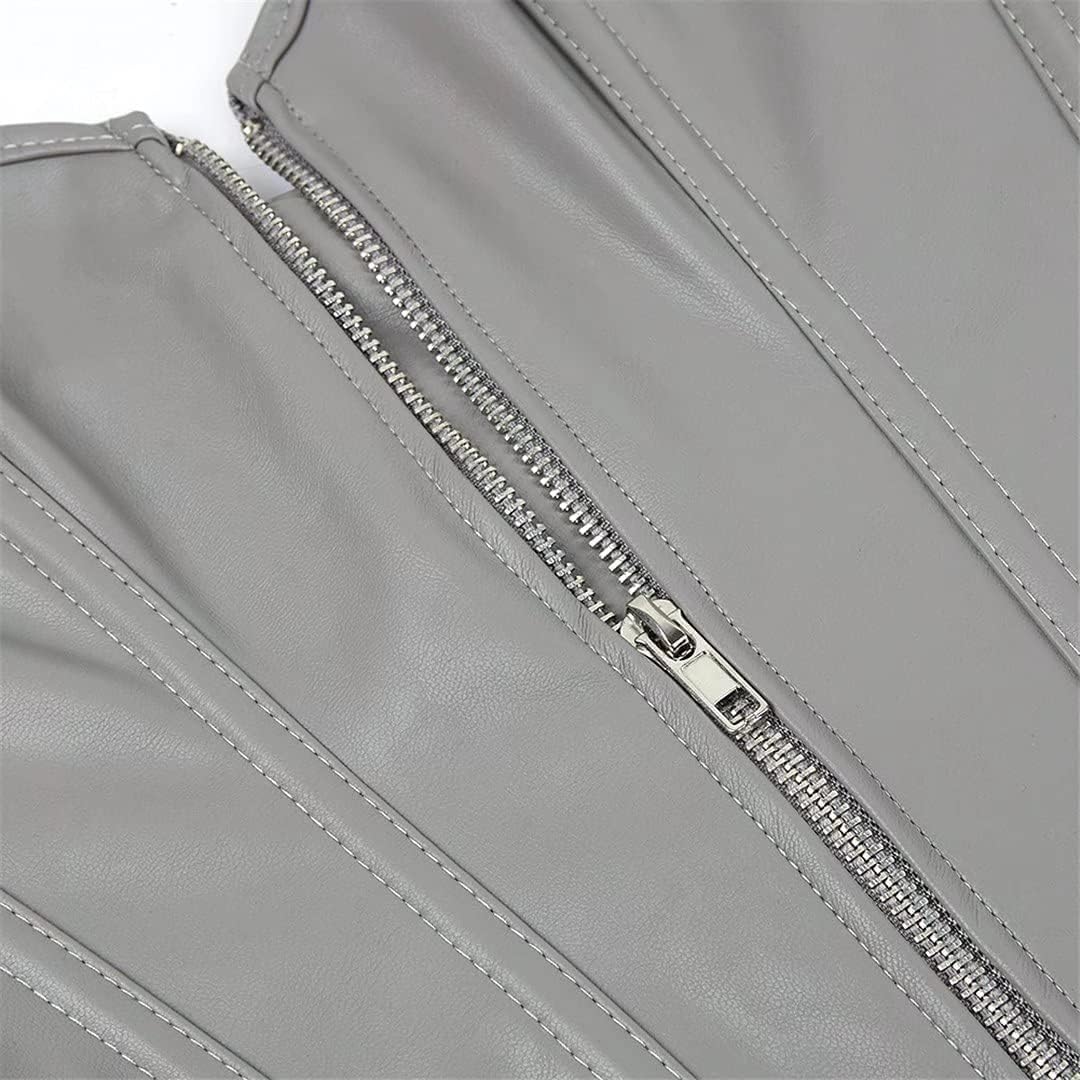 Josamogre Leder Korsett Top Damen Corsage Reissverschluss Sexy M Silver, M Silver