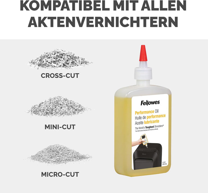 Fellowes Aktenvernichter-Öl, Inhalt: 355 ml, zur Pflege von Partikelschnitt- und Mikroschnitt Aktenv