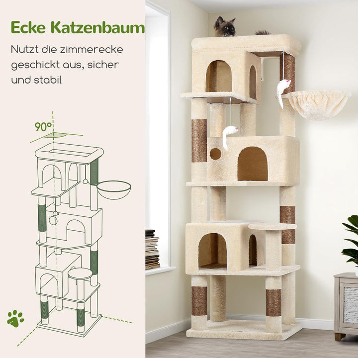 Globlazer Kratzbaum Beige Stabil Passform Ecke hoch 168 cm mit 3 Katzenhäus, Grosse Gepolsterte Plat