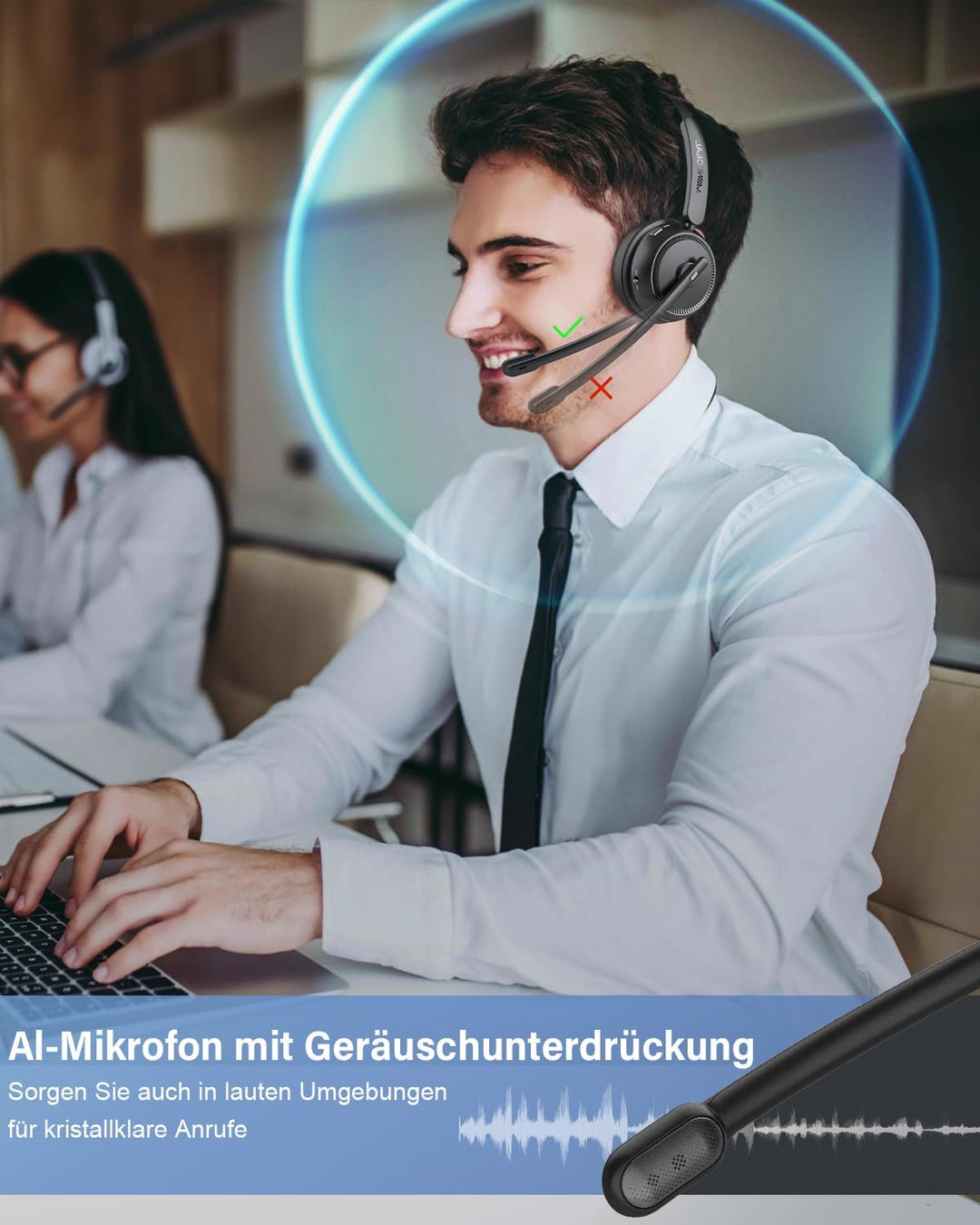 MONODEAL Bluetooth Headset mit Mikrofon, Wireless Headset mit Stummschalttaste, 65 Stunden Anrufe, H