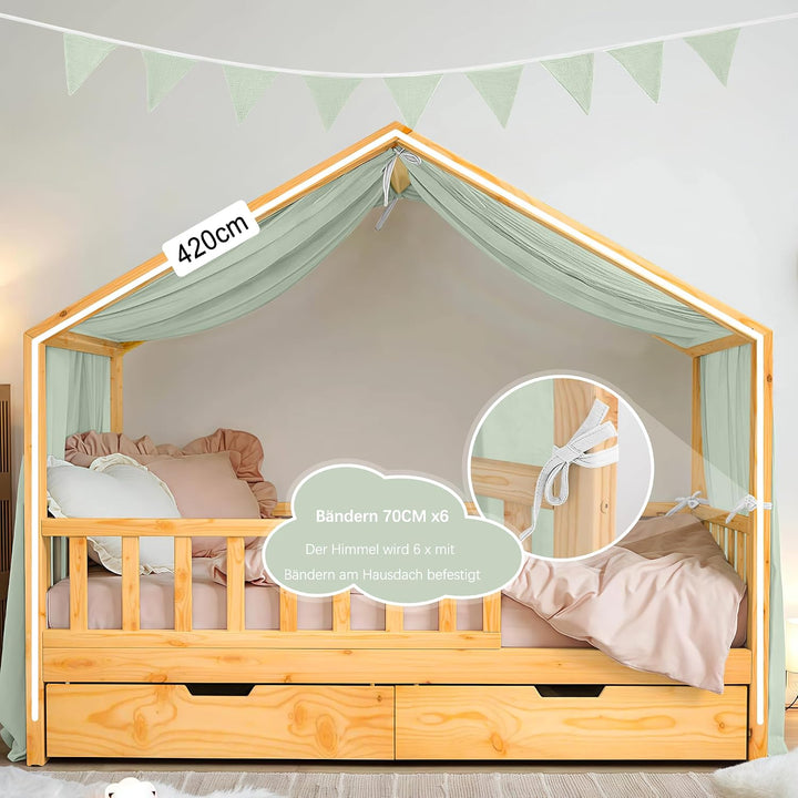 Hausbett Himmel Deko Set, Betthimmel Hausbett aus Musselin - 1 Betthimmel & 1 Wimpelkette, für Junge
