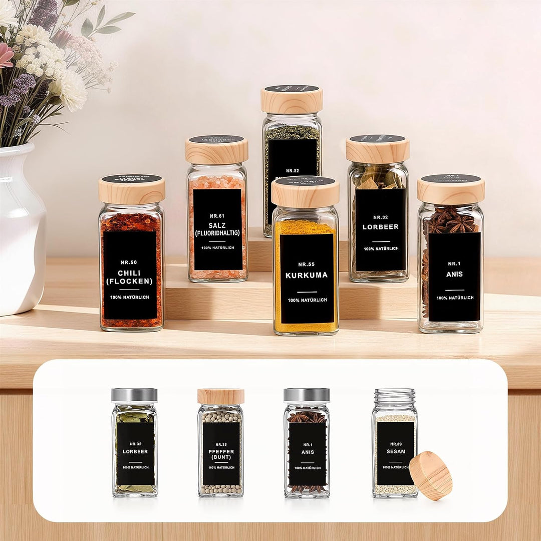 Gewürzgläser eckig mit Holzmaserung Deckel Set 24er : 120 ml Gewürzdosen Glas mit Etiketten & Streue