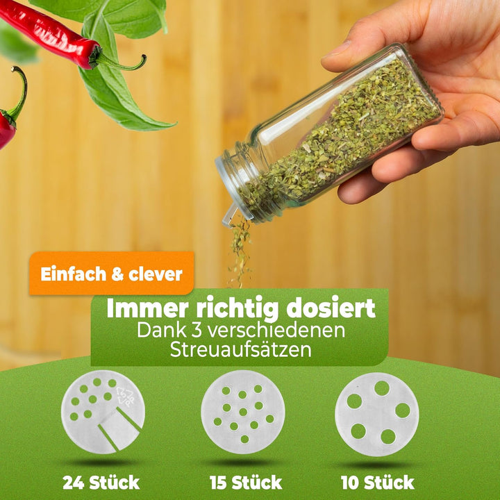 CLIDOR Gewürzgläser eckig [24 x 125ml], Luftdichte Gewürzgläser mit Streueinsatz + 248 wasserfeste G