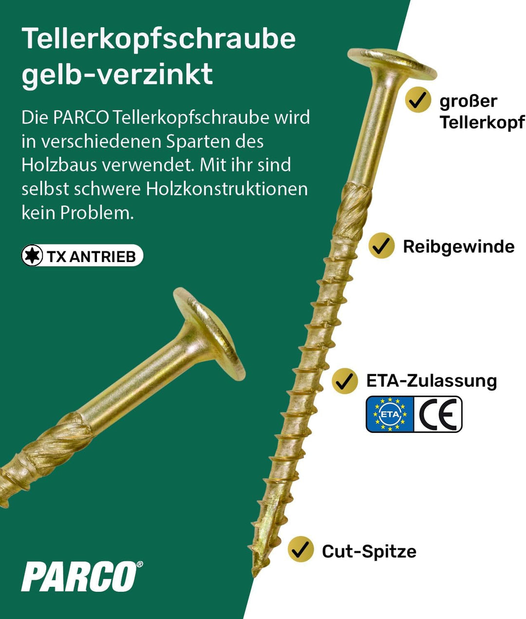 PARCO Tellerkopfschrauben 8,0 x 340 mm, 50 Stück, TX40 Verzinkt, CUT-Spitze, Holzbauschrauben für Ko