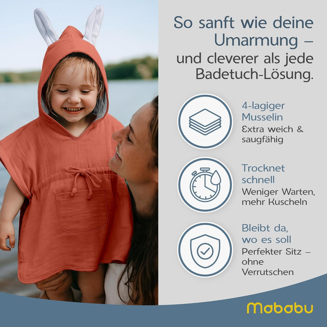 Mababu Badeponcho Baby & Kinder EXTRA weich (100% Bio-Baumwolle) | Kinder Badeponcho 1-7 Jahre| Hand