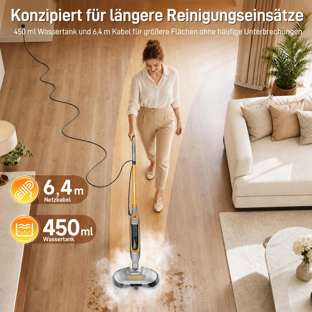 Dampfreiniger Steam Mop mit Doppelrotation und Eigenantrieb | 6 waschbare Mikrofaser-Pads, 4 Reinigu