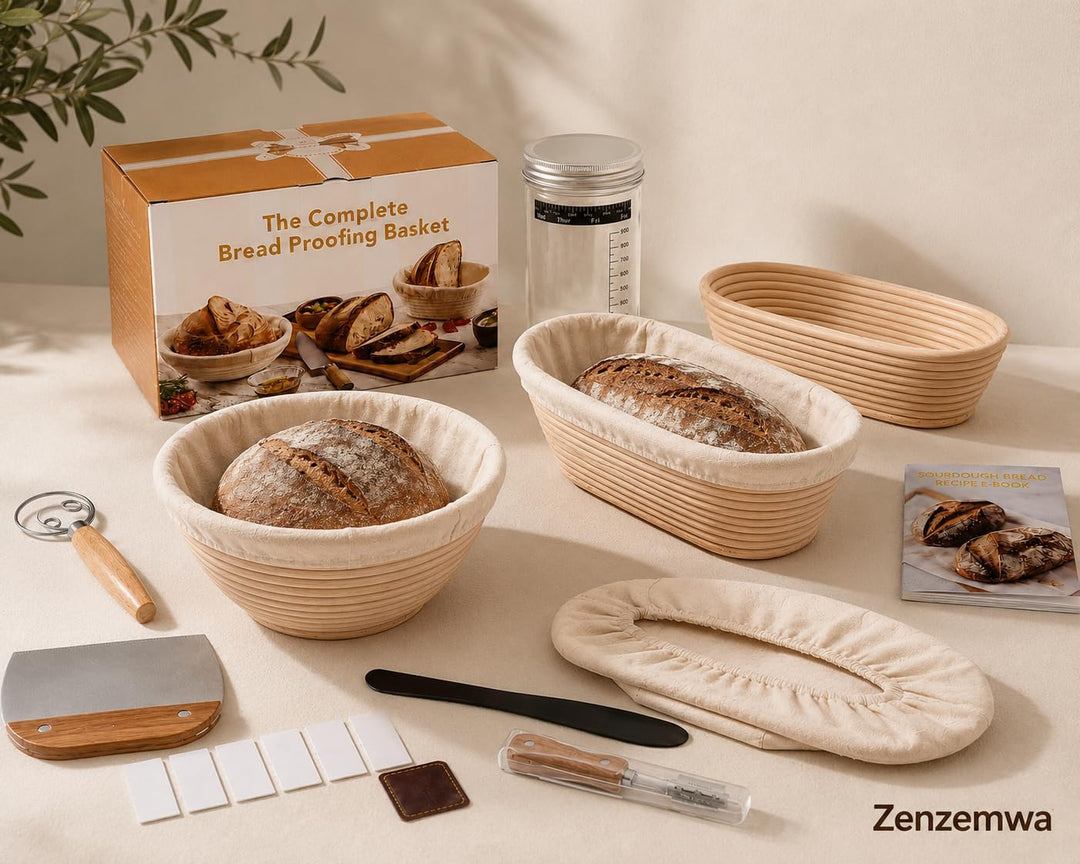 Brot Gärkorb Set, Gärkörbchen zum Brotbacken,2 Gärkorb (25cm Ovale & 23cm Runde), 700ML Sauerteig Gl
