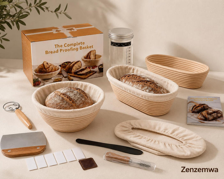 Brot Gärkorb Set, Gärkörbchen zum Brotbacken,2 Gärkorb (25cm Ovale & 23cm Runde), 700ML Sauerteig Gl