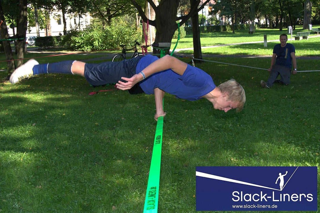 Slack-Liners Slackline Komplett-Set BLAU 6 Teilig - 50mm breit, 25m lang - mit Premium Langhebelrats
