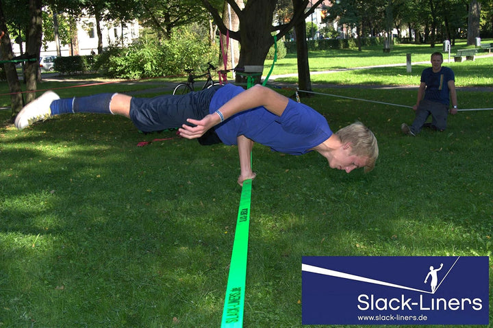 Slack-Liners Slackline Komplett-Set BLAU 6 Teilig - 50mm breit, 25m lang - mit Premium Langhebelrats