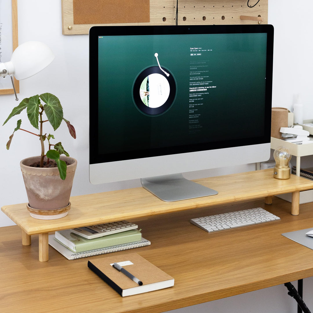 Bamboo Dual Monitor Ständer mit Ablagefach - Ergonomischer Schreibtischorganizer fürs Home Office, W
