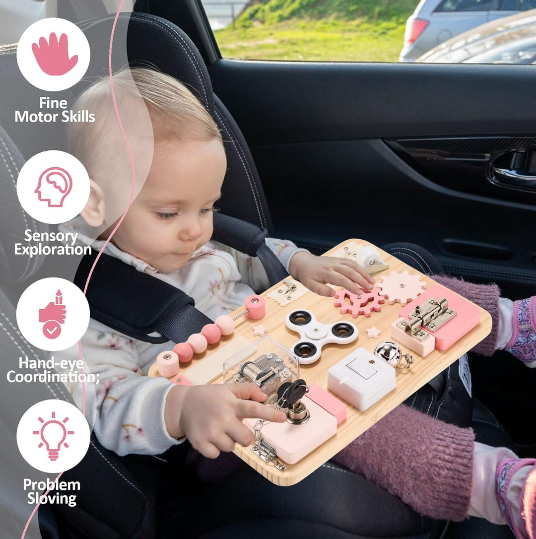 Holz Busy Board in Rosa – Montessori Spielzeug zur Förderung der Feinmotorik &amp; Sinne. Perfekt für Re