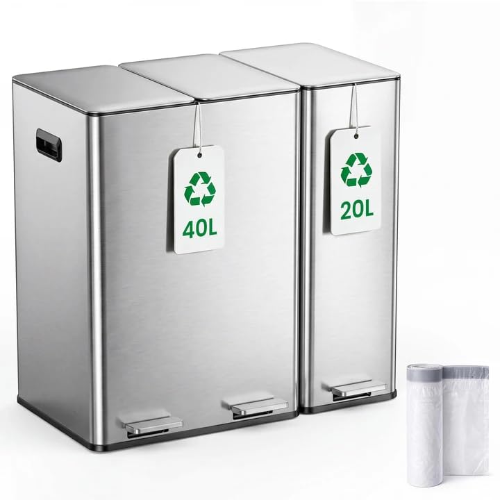 YEAUPE PRO Mülleimer Küche 60L (2x20L + 20L) 3 fächer Treteimer Edelstahl | Recycling Abfalleimer fü