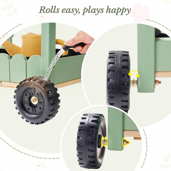 ROBOTIME Holz Gartenwagen für Kinder, Outdoor Garten-Trolley mit 4 Pflanzbechern & 4 Hydroponik-Reag