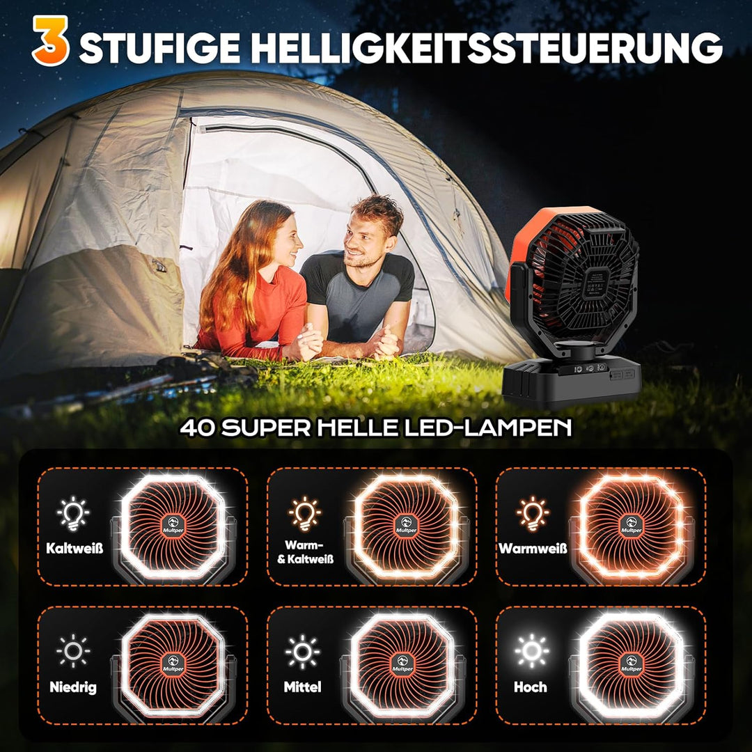 Multper 20000mAh Akku Camping Ventilator mit Fernbedienung & LED Licht, USB Ventilator leise mit Tim