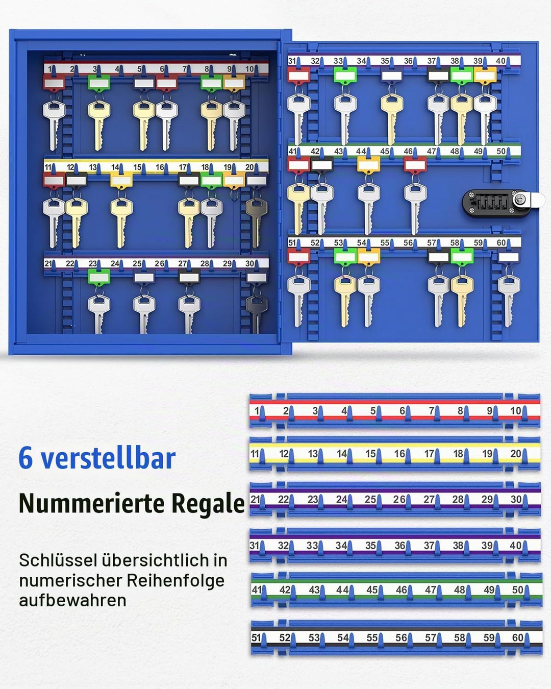 Uniclife Schlüsselschrank 60 Fächer mit Zahlenschloss und Schlüsselschloss resettierbar digitaler Si