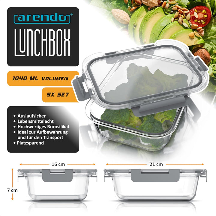 Arendo - Lunchboxen Glas - Frischhaltedosen für Lebensmittel mit Deckel luftdicht - 5er Set - 1000 m