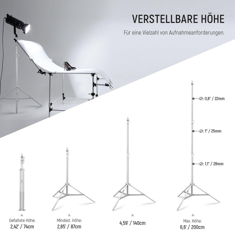 NEEWER Fotografie Lichtstativ 87cm–200cm, federbelastetes Aluminium Stativ mit ø28mm dickerem Rohrdu