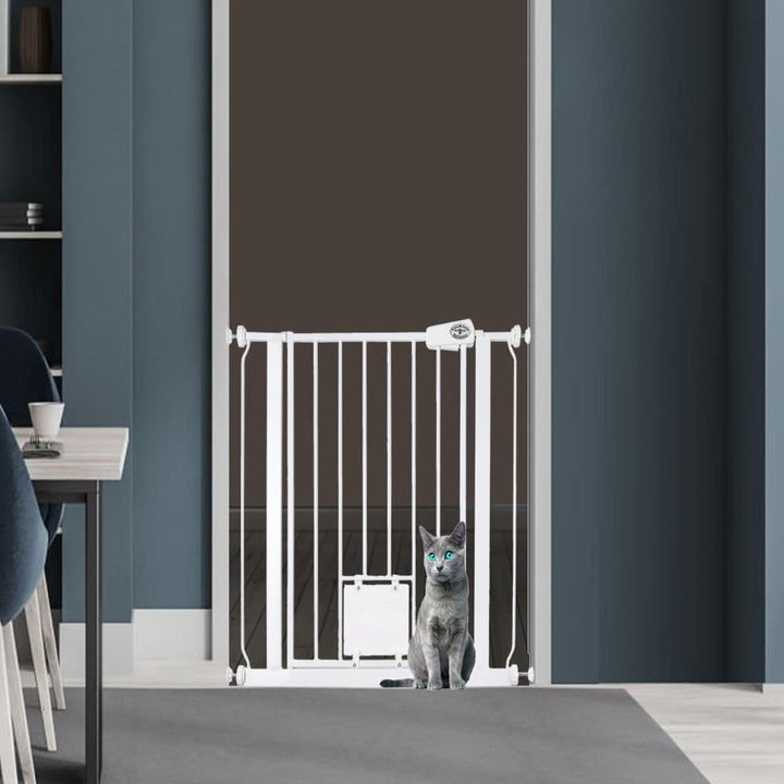 Bettacare Haustiergitter mit abschliessbarer Katzenklappe, 107.4cm - 115cm, Weiss, 75cm Höhe, Hundes