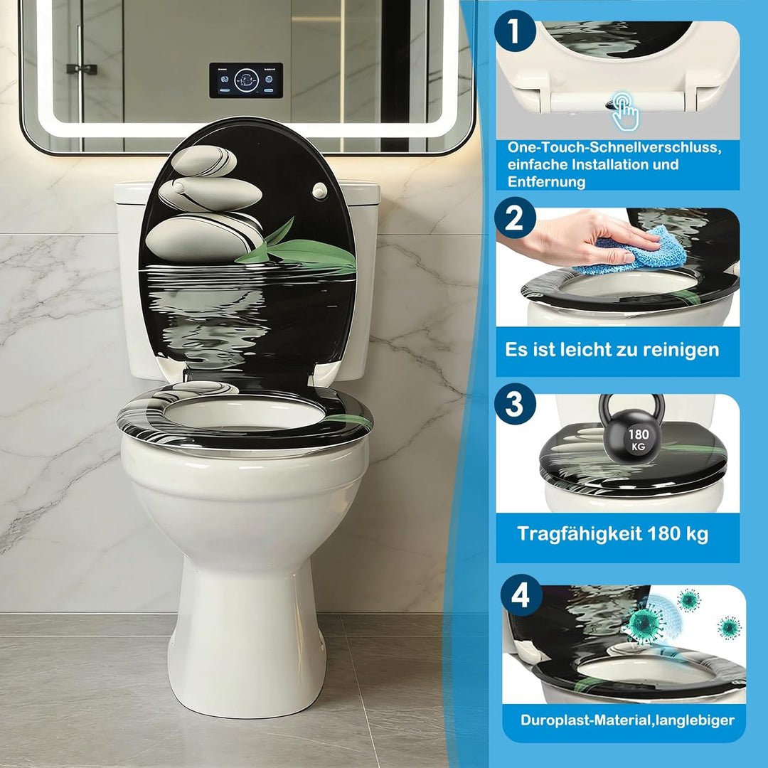 Duroplast-Toilettensitz, O-förmiger Toilettendeckel mit Soft-Close-Mechanismus, Edelstahlscharnier,