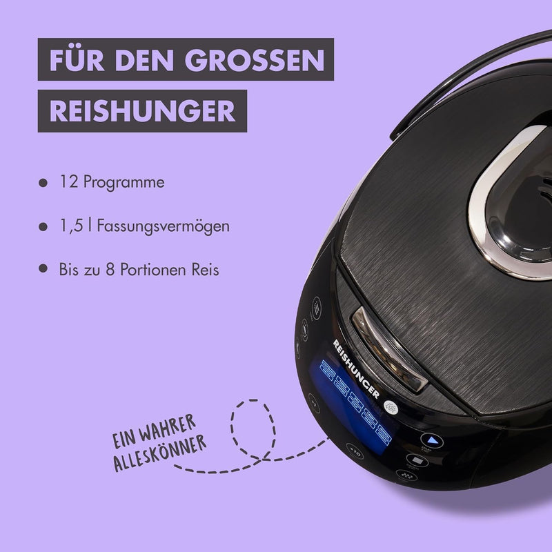 Reishunger Digitaler Reiskocher & Dampfgarer Schwarz + Gratis Kochbuch – Warmhaltefunktion, Timer &