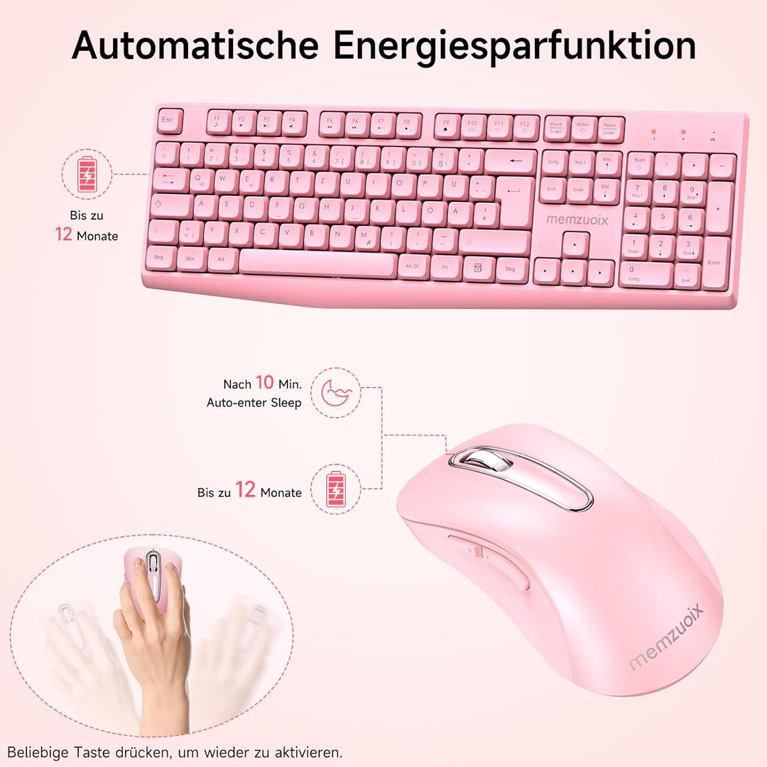 QWERTZ Kabelloses Tastatur Maus Set, Full Size 105-Tasten Tastatur mit Nummernblock, 2.4GHz Funk mit