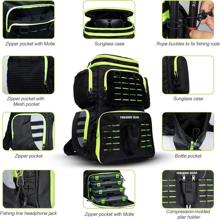 FEIWOOD GEAR Angelausrüstungs-Rucksack mit 4 Angelboxen, grosser Stauraum – widerstandsfähiger Angel