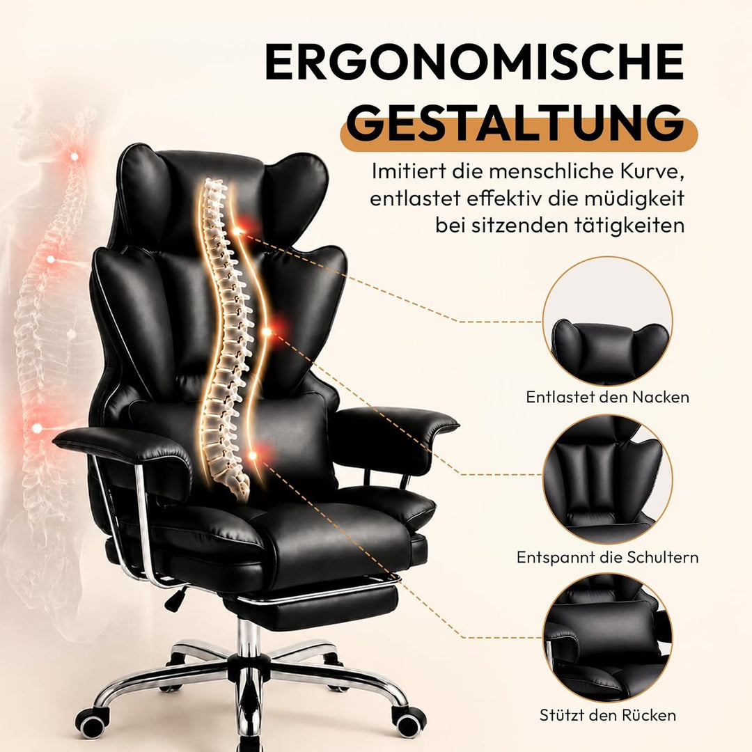 Ergonomischer Chefsessel Bürostuhl Gaming Stuhl Hochlehner mit Fussstütze &verstellb. Lendenstütze,