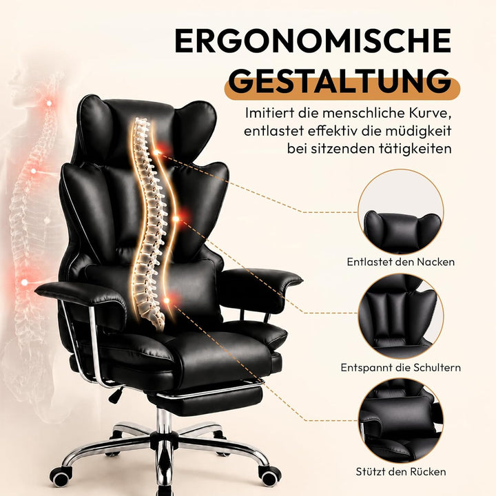 Ergonomischer Chefsessel Bürostuhl Gaming Stuhl Hochlehner mit Fussstütze &verstellb. Lendenstütze,