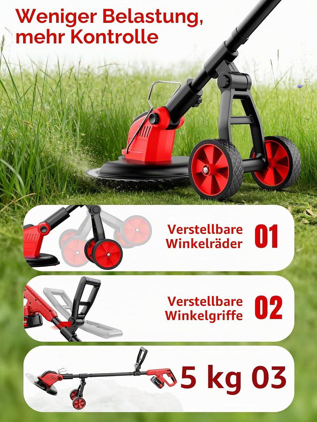30CM Rasentrimmer mit Akku, 21V Akku Rasentrimmer mit 2 × 3.0Ah Akku&amp; Ladegerät, 20000U/min 4 Klinge