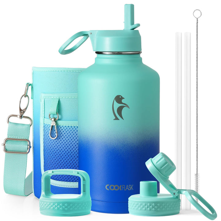 Isolierte Wasserflasche 18 l mit Strohhalm & 3 Deckel Coolflask Half Gallone Water Jug Large Metal S