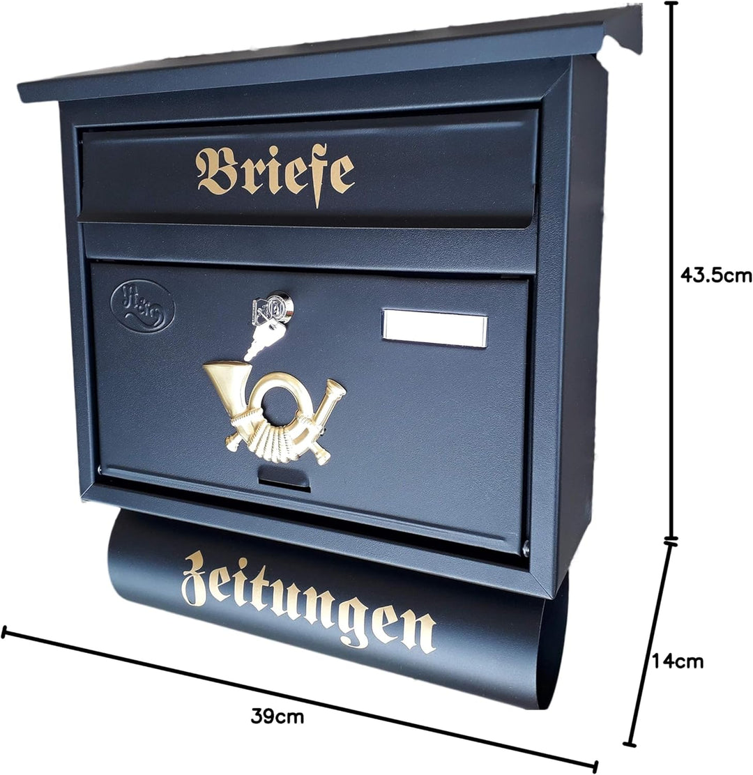 Grosser Briefkasten/Postkasten XXL Schwarz matt mit Abnehmbarer Zeitungsrolle Flachdach Katalogeinwu
