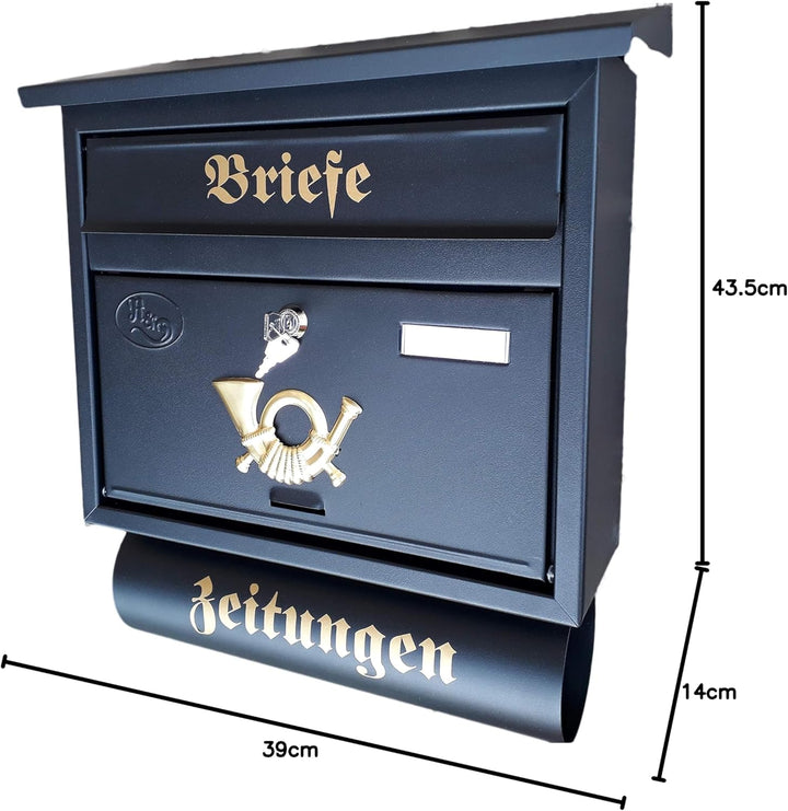 Grosser Briefkasten/Postkasten XXL Schwarz matt mit Abnehmbarer Zeitungsrolle Flachdach Katalogeinwu