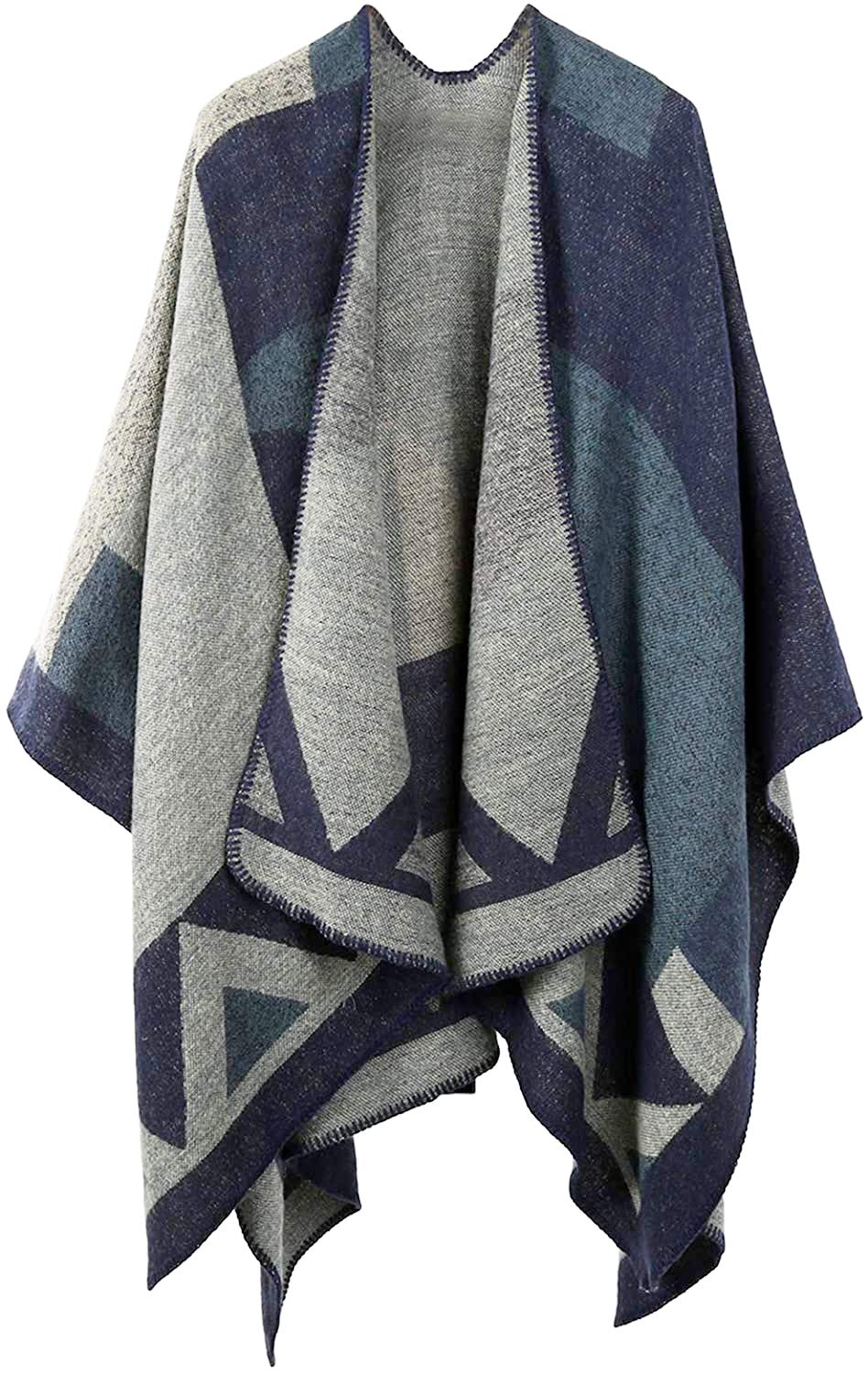 Shmily Girl - Damen Poncho Habe Gestrickt Überdimensionalen Decke Kap-Schal A - Marineblaue Blockfar