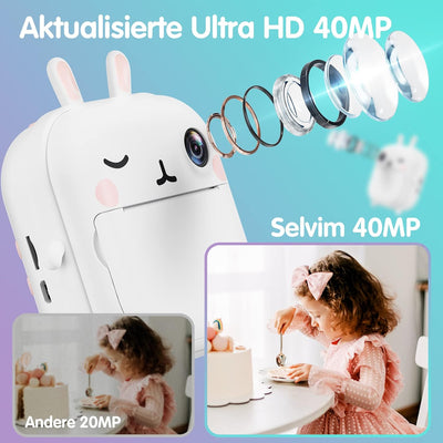 Selvim 40MP Kinderkamera, 2,4'' Bildschirm Sofortbildkamera Kinder, 1080P HD Videokamera mit 32GB TF