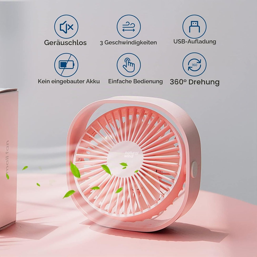 Simpeak USB Ventilator, Mini USB Tischventilator, Klein Ventilator Leise, 3 Speed 360 Grad Drehung,