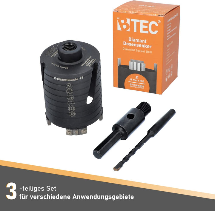 BTEC – Diamant Dosensenker 68 mm mit M16-Aufnahme + 80 mm Nutzlänge – Dosenbohrer für Mauerwerk, Kal