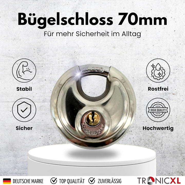 TronicXL Rundbügelschloss Sicherheits Vorhängeschloss 10mm Bügelstärke Edelstahlkorpus I Messingschl
