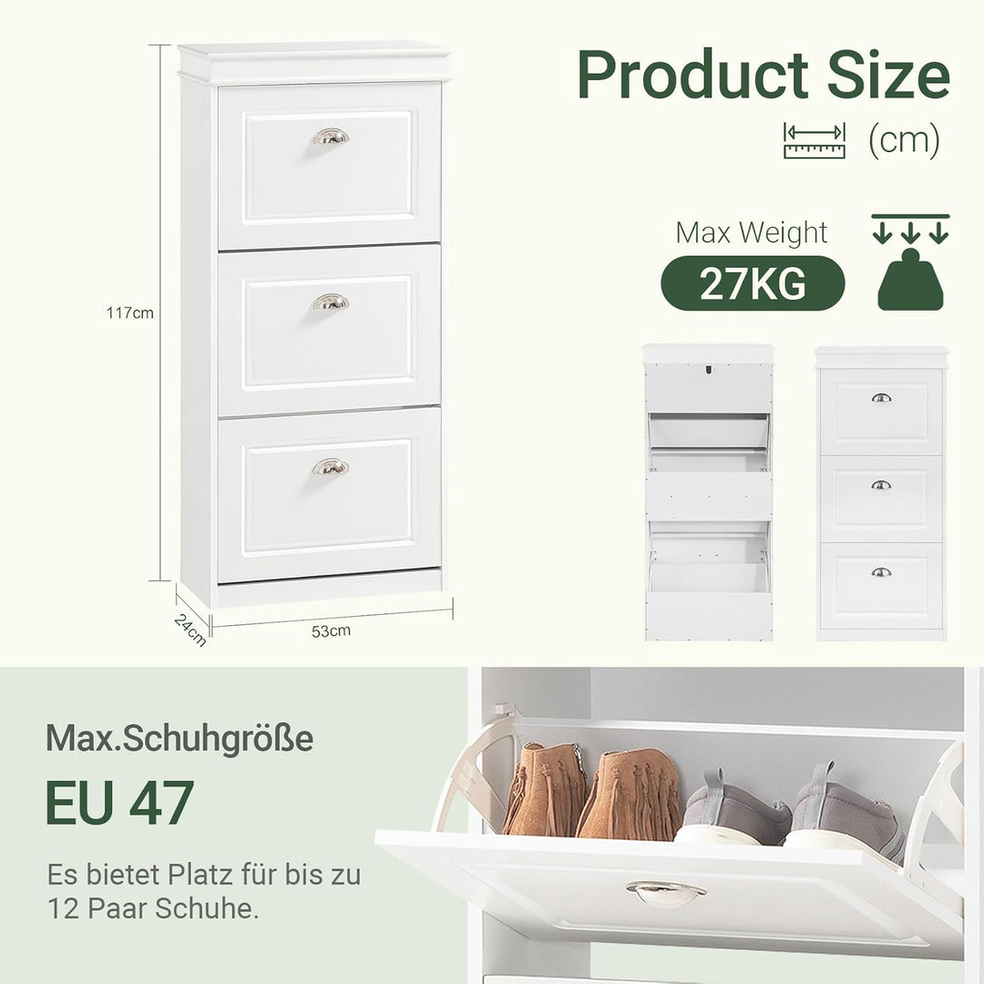 SoBuy Schuhschrank mit 3 Klappen - Schmaler Schuhkipper mit 6 Ablagen, Verstellbares Schuhregal für