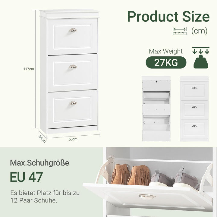 SoBuy Schuhschrank mit 3 Klappen - Schmaler Schuhkipper mit 6 Ablagen, Verstellbares Schuhregal für